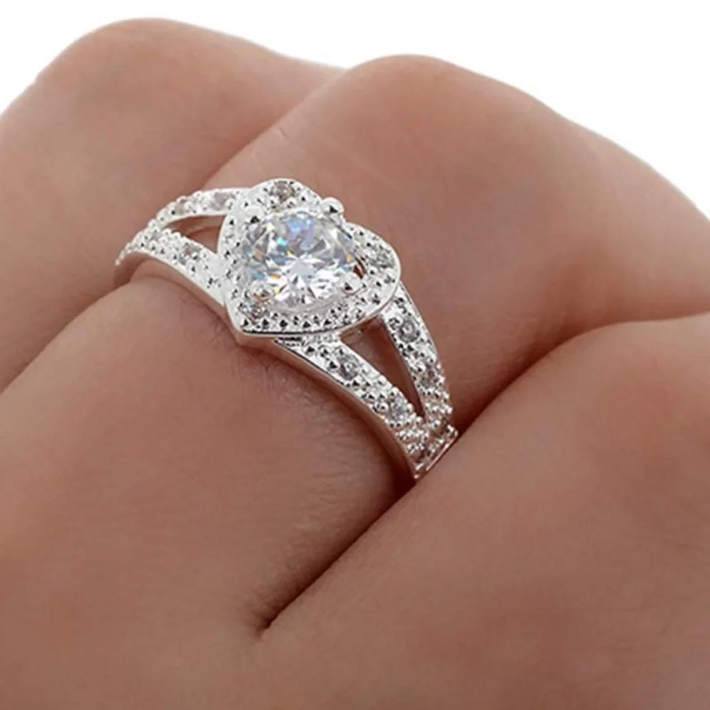 New S925 Sterling Silver Woman’s Elegant White Sapphire Heart Engagement Ring